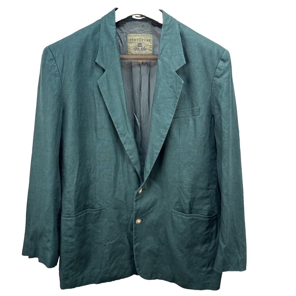 Structure Vintage Forrest Green Linen Collection Blazer Size L Notch Collar